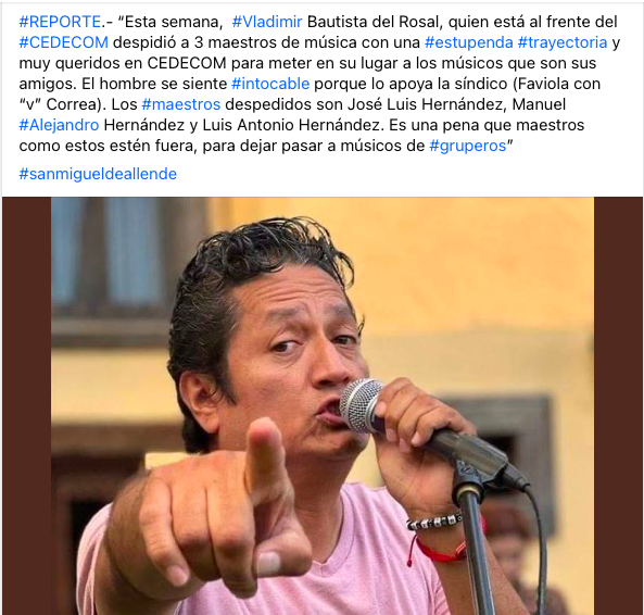 NewsSanmiguel's tweet photo. Denuncian que Vladimir Bautista del Rosal, músico versátil y ex candidato del extinto Redes Sociales, el Gob. Mpal lo puso como al frente del #CEDECOM y despidió maestros de música clásica para darle cabida a sus amigos "de la banda". San Miguel de Allende
#SanMigueldeAllende https://t.co/V09zL7zDlX