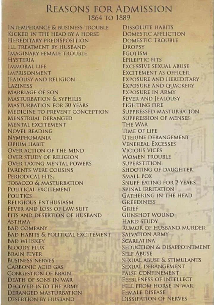 ricardelico's tweet photo. Razones para ser admitid@ en un "asilo de lunátic@s"
1864-1889, Trans-Allegheny Lunatic Asylum, Weston, WV, EEUU https://t.co/gdmAiiNDoK