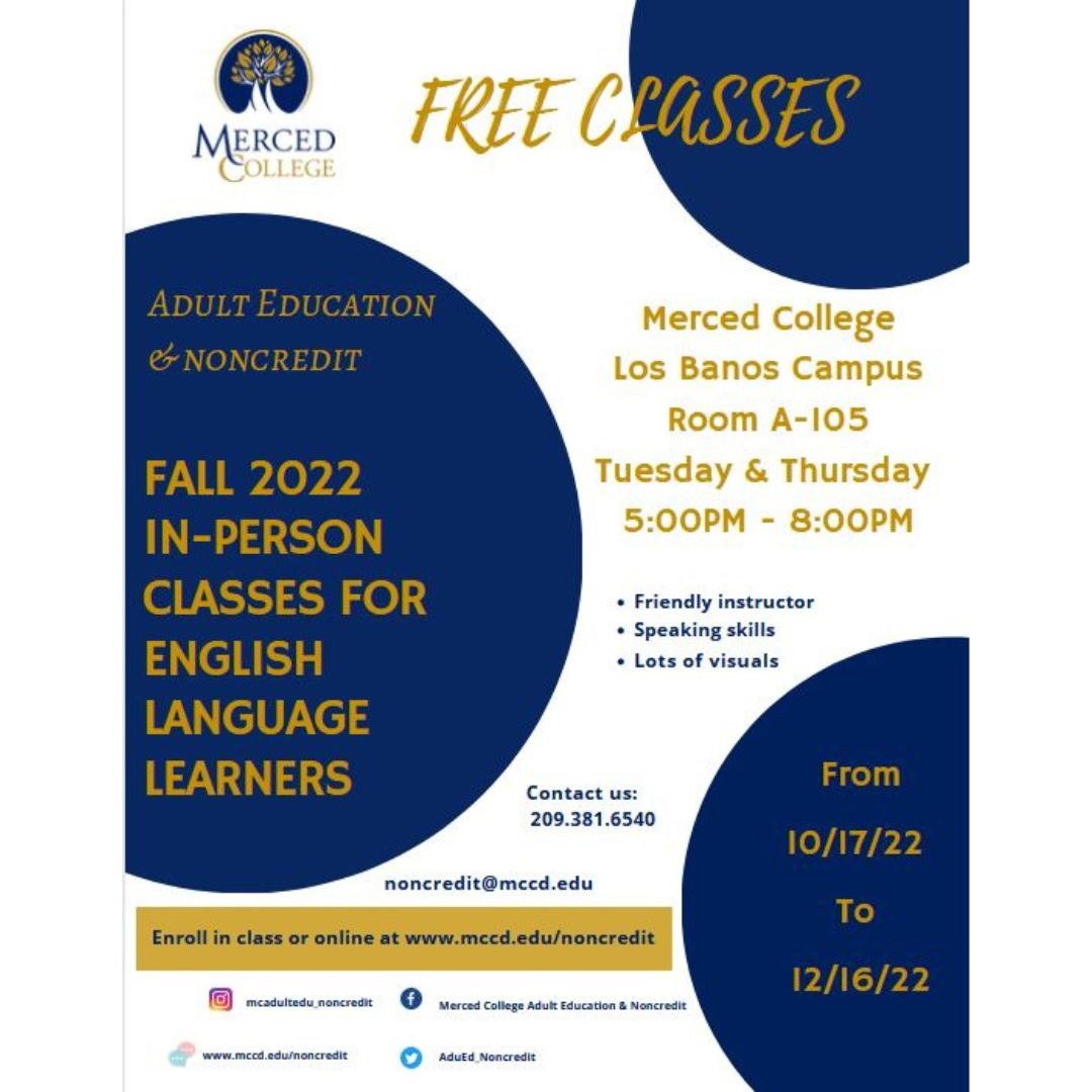 AduEd_Noncredit's tweet photo. Help us spread the word about our in-person ESL classes at Los Banos Campus!
¡Ayudanos a pasar la voz. Tenemos clases en persona para aprender Inglés en el Campus de Los Banos! https://t.co/nxxlmsO1mk