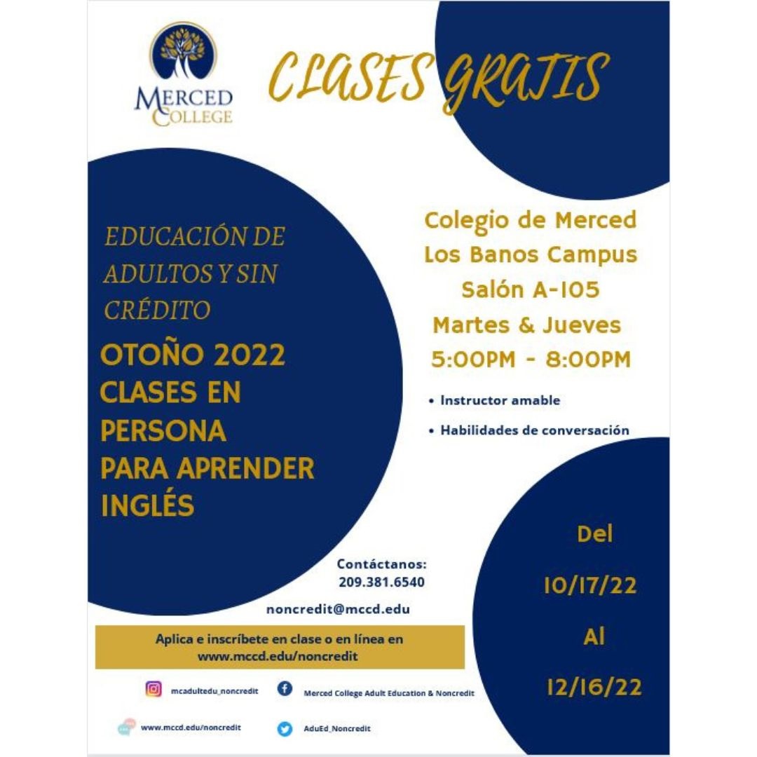 Help us spread the word about our in-person ESL classes at Los Banos Campus!
¡Ayudanos a pasar la voz. Tenemos clases en persona para aprender Inglés en el Campus de Los Banos!