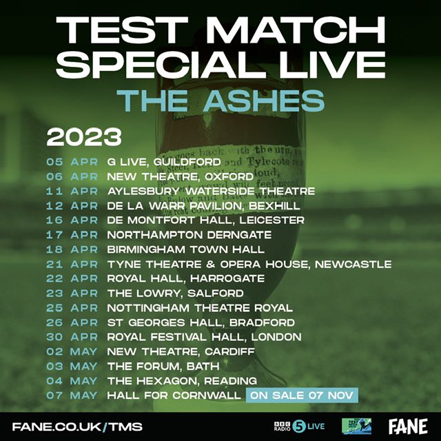 Are you ready for another massive Ashes summer? I'm delighted to be going on tour across the UK with Aggers for @bbctms LIVE in April & May 2023.   Expect an evening of stories, memories & predictions as #EngvsAus returns.   Tickets are on-sale now! fane.co.uk/tms