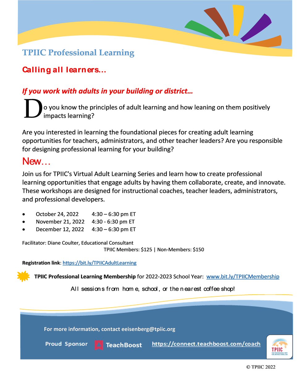 Expand your knowledge, strengthen your skills, and reinforce your current practices around adult learning. It is not the same as adolescent learning! Share the learning with us in our new Adult Learning series. @TPIICcoach