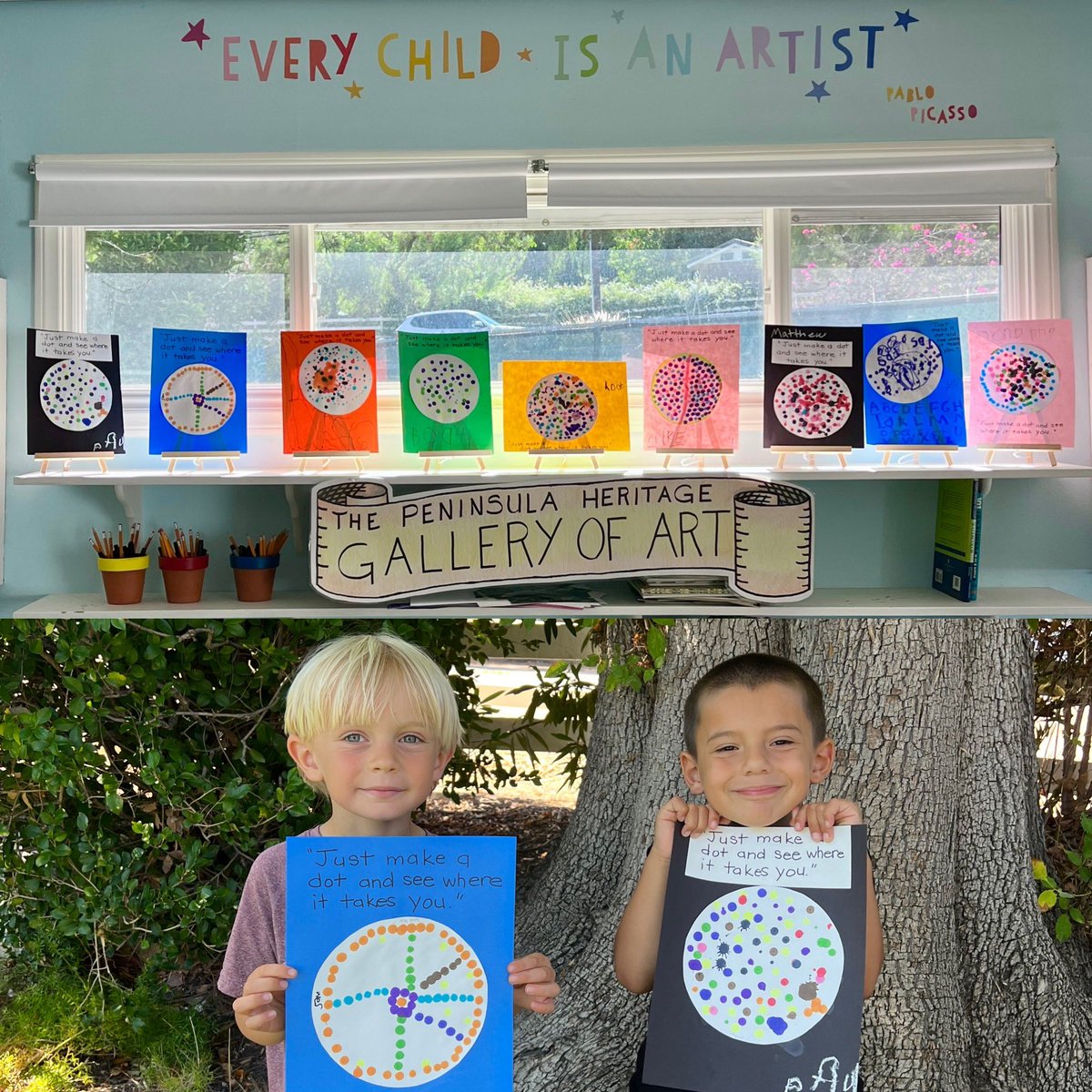 PHS_K8's tweet photo. Our new PHS Gallery of Art features our kindergarteners artwork inspired by the book “The Dot” this month!

@DotClubConnect https://t.co/ldyvtP8RvK