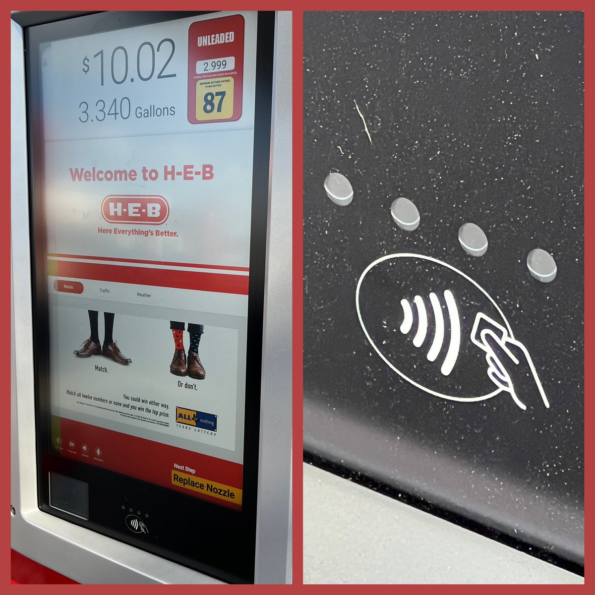 ldlr's tweet image. . @HEB You spent so much money putting in fancy gas pumps to show me ads but I STILL can’t use my watch or phone to pay for anything at your store? The reader is right there! I love you H‑E‑B, but this is really annoying.