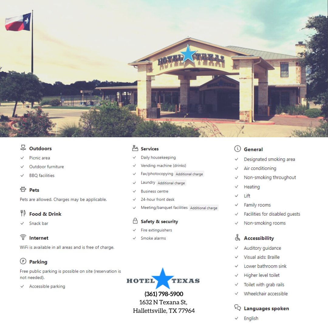 Check out the detailed amenities our hotel is offering. We are also just across from Pizza Hut and near a pharmacy and supermarket. 

In case you'll be staying for a few days or possible to extend. It's best you stay with us, feel at home Feel #Texashospitality.

#HotelTexas
