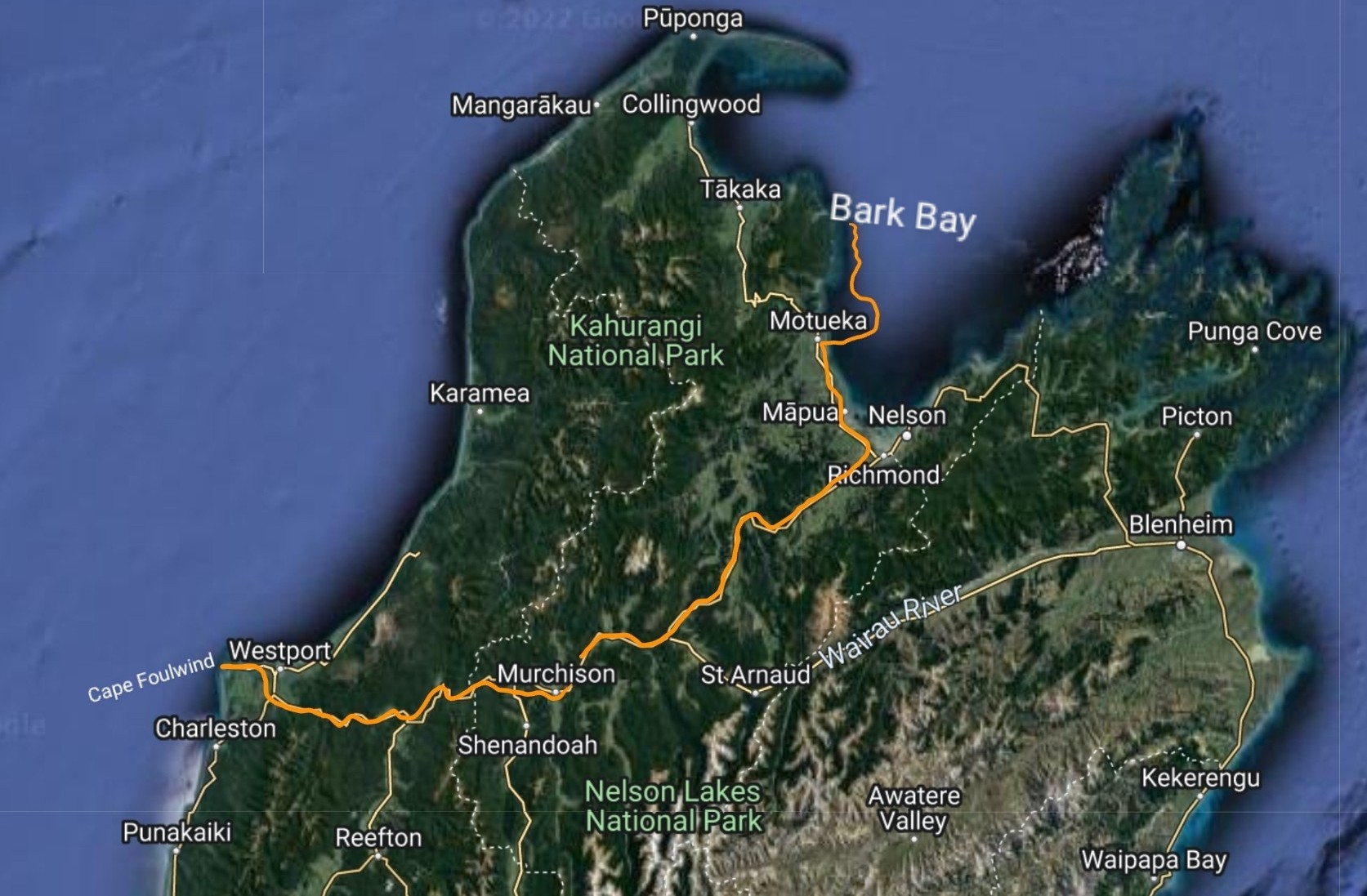 Image of Google satellite map from Bark Bay to Cape Foulwind 