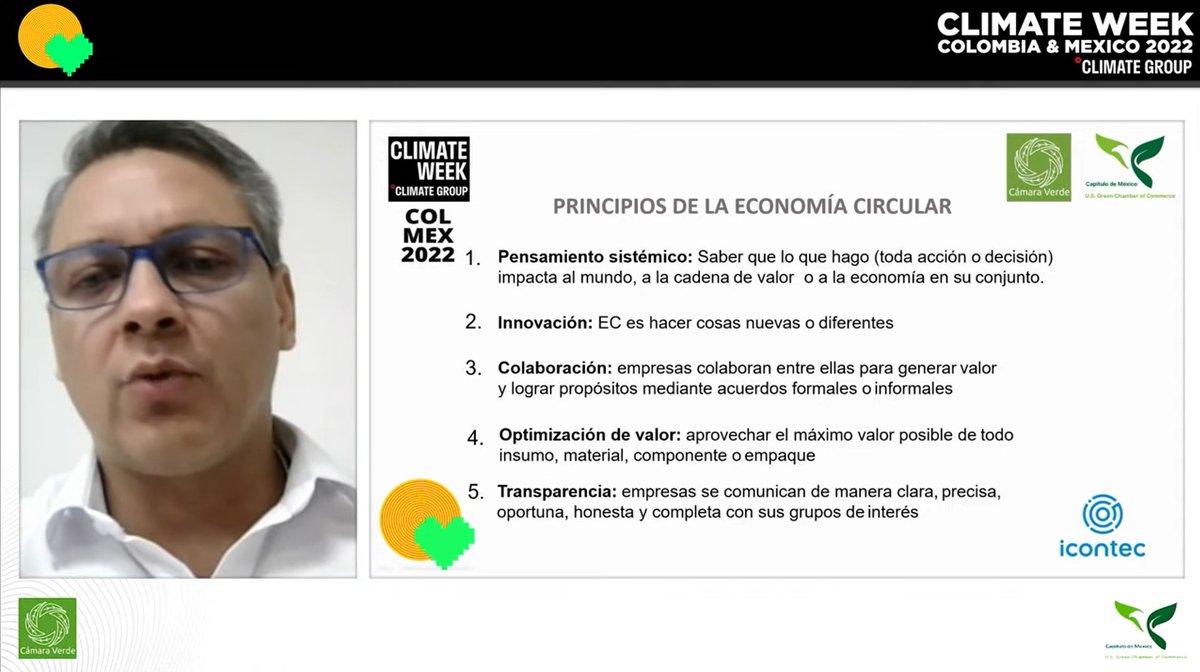 CamaraVerdeOrg's tweet photo. En el día 5 de #ClimateWeekColMex2022 nos acompaña Camilo Carvajal de ICONTEC para hablar sobre Cadenas de Valor Sostenible y Economía Circular. Como principio,menciona la colaboración y los beneficios del Benchmarking Funcional. Ve a la transmisión en vivo para enterarte de más! https://t.co/LGJjklTqNF