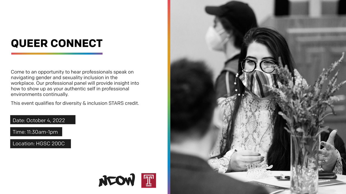 templediversity's tweet photo. Join us at Queer Connect to get tips from professionals in the LGBTQIA+ community on how to show up for yourself in the workplace 🏳️🌈🏳️⚧️! #templediversity https://t.co/6mxS4owkO1