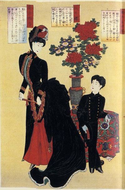 ChicaFascista's tweet photo. Cuando Japón se abrió al occidente en la restauración de Meiji, 1868 / 1889. Estuvo de moda vestirse como los europeos pero con un toque japonés, las flores. https://t.co/z1wZKbhwla