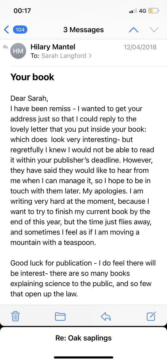 wigsandwords's tweet photo. I cannot express what it felt like to receive this email when I was about to put my #InYourDefence into the world. The time and dedication it took to for this for an unknown writer. Thank you for all the gifts you gave us #HilaryMantel. I am utterly gutted there won’t be more. https://t.co/NUmNfpccLN