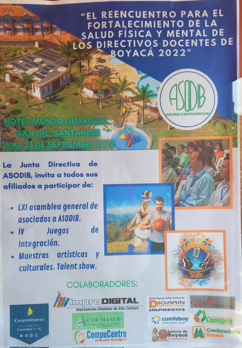 <a href="/AsdidocSder/">𝔸𝕊𝔻𝕀𝔻𝕆ℂ - Sindicato de Directivos Doc. Sder</a> agradece a la Asociación Sindical de Directivos Docentes de Boyacá <a href="/ASODIB_BOYACA/">ASODIB</a> por su invitación a participar en su encuentro de asociados en al Ciudad de San Gil. <a href="/PFendidoc/">Fendidoc</a> <a href="/SintrenalN/">SINTRENAL Nacional</a>