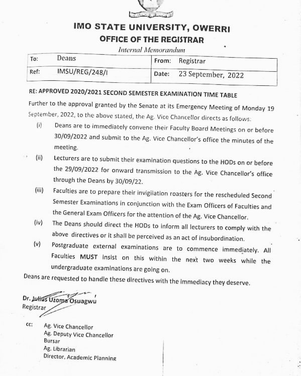 Imsu_official's tweet photo. APPROVED EXAMINATION TIMETABLE AND ACADEMIC CALENDAR FOR 2021/2022 SESSION
Read at โ https://t.co/xF5fXiG2h0
#imsu #imostateuniversity #Imsugist #imsunews https://t.co/E6R0liT9Oq