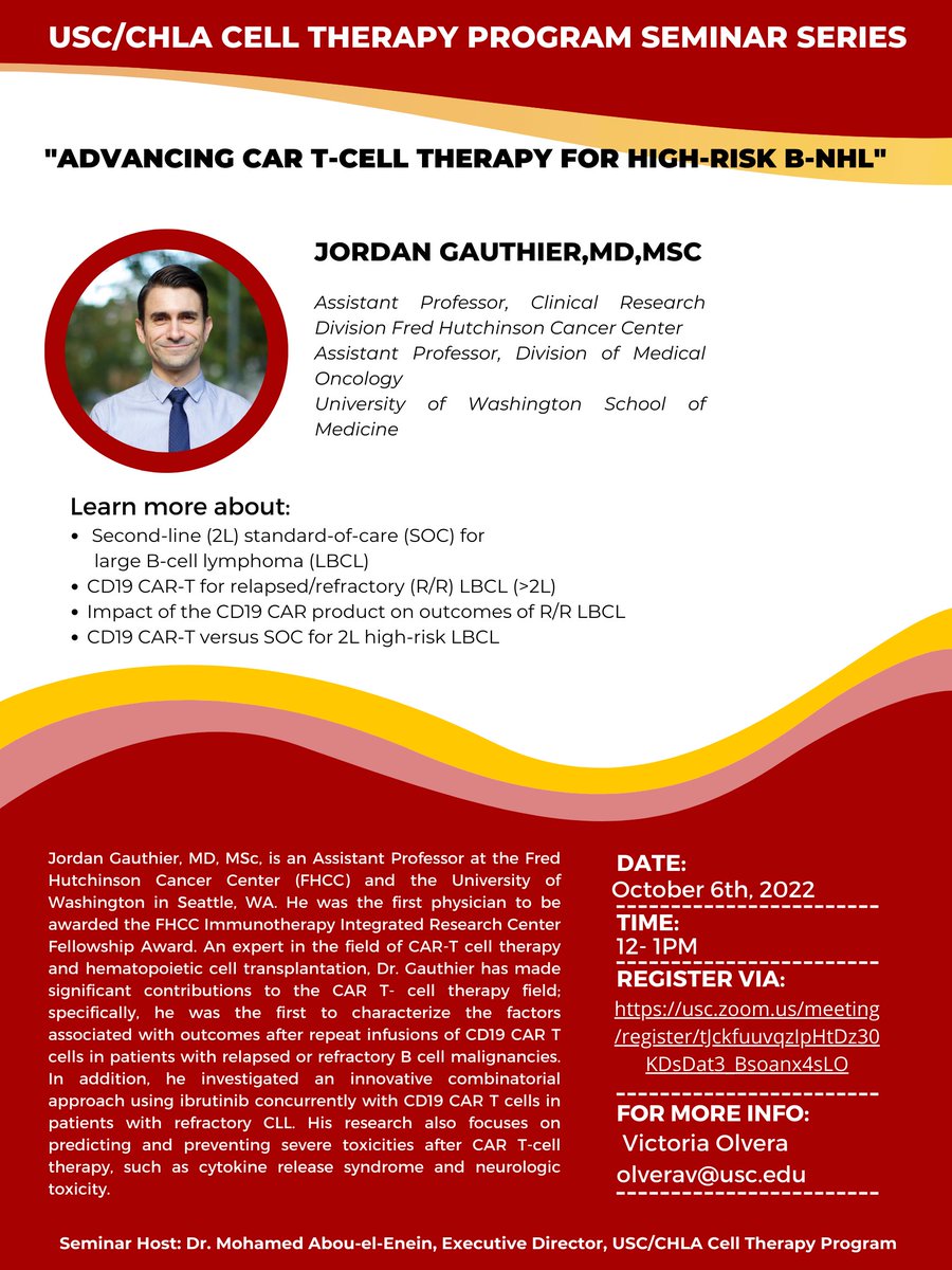 USC/CHLA Cell Therapy Program (@usc_chla_ctp) on Twitter photo We're excited to learn more about CAR T-cell therapy for High-Risk B-NHL with our featured speaker
<a href="/drjgauthier/">Jordan Gauthier</a>
during our October USC/CHLA Cell Therapy Program Series. Join us via: usc.zoom.us/meeting/regist……
#CellTherapy #CARTcell We're excited to learn more about CAR T-cell therapy for High-Risk B-NHL with our featured speaker
<a href="/drjgauthier/">Jordan Gauthier</a>
during our October USC/CHLA Cell Therapy Program Series. Join us via: usc.zoom.us/meeting/regist……
#CellTherapy #CARTcell