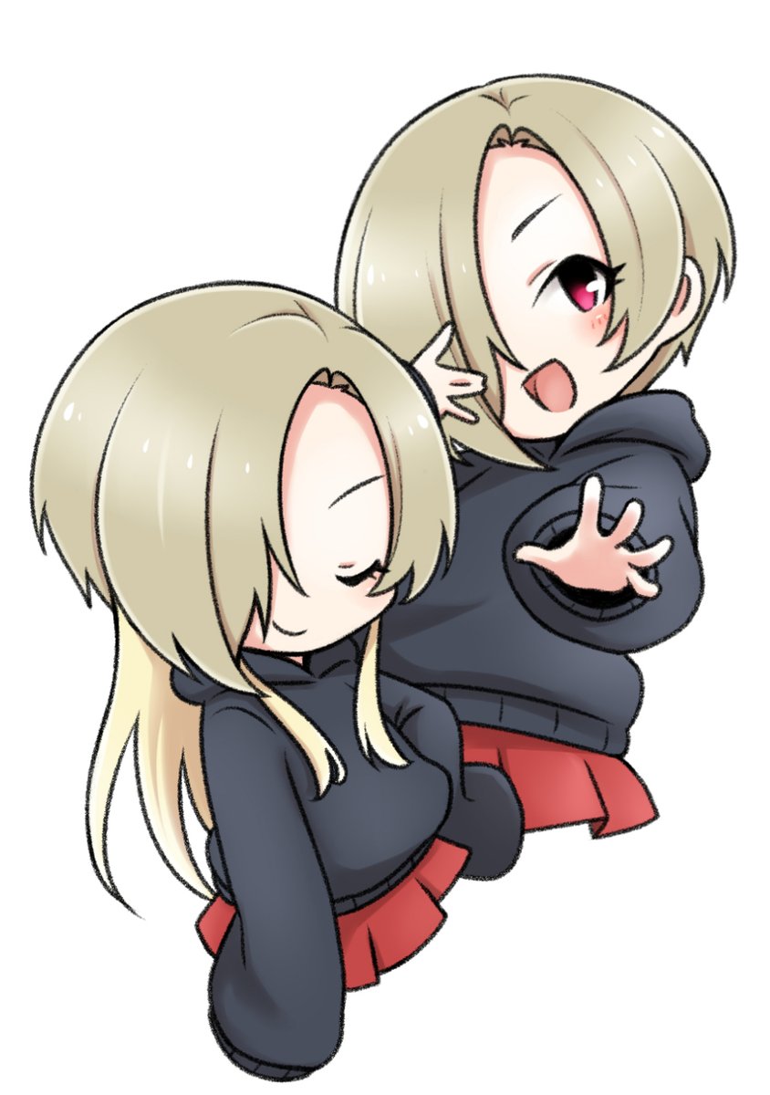 shirasaka koume black hoodie skirt hoodie hood hair over one eye sleeves past wrists smile  illustration images