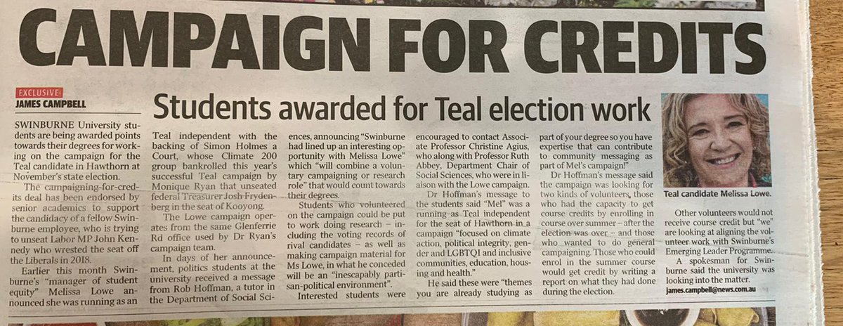 XavierBoffa's tweet photo. The Climate 200 candidate for Hawthorn and her @Swinburne colleagues have just been caught in an elaborate 'campaign-for-credit' scheme that may breach both Vic &amp; Cth law. Reveals a complete lack of integrity &amp; leaves the campaign's credibility in tatters #SpringSt #HawthornVotes https://t.co/kw4wADaZSr