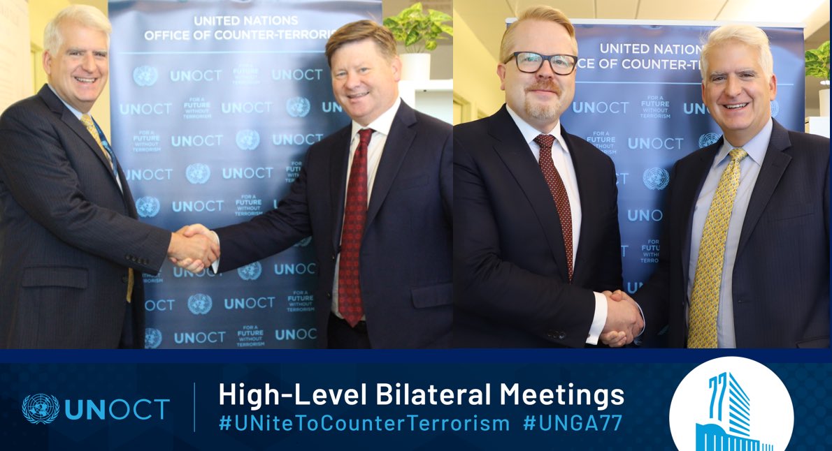 UN_OCT's tweet photo. On the margins of #UNGA, DUSG @un_oct @raffigregorian met: 
 🇪🇺 EU #CounterTerrorism Coordinator @ilkka_salmi
 🇺🇸 Deputy Assistant Secretary of State @StateDept for @un Political Affairs David McFarland

#UNiteToCounterTerrorism https://t.co/Akv1MYVyPv