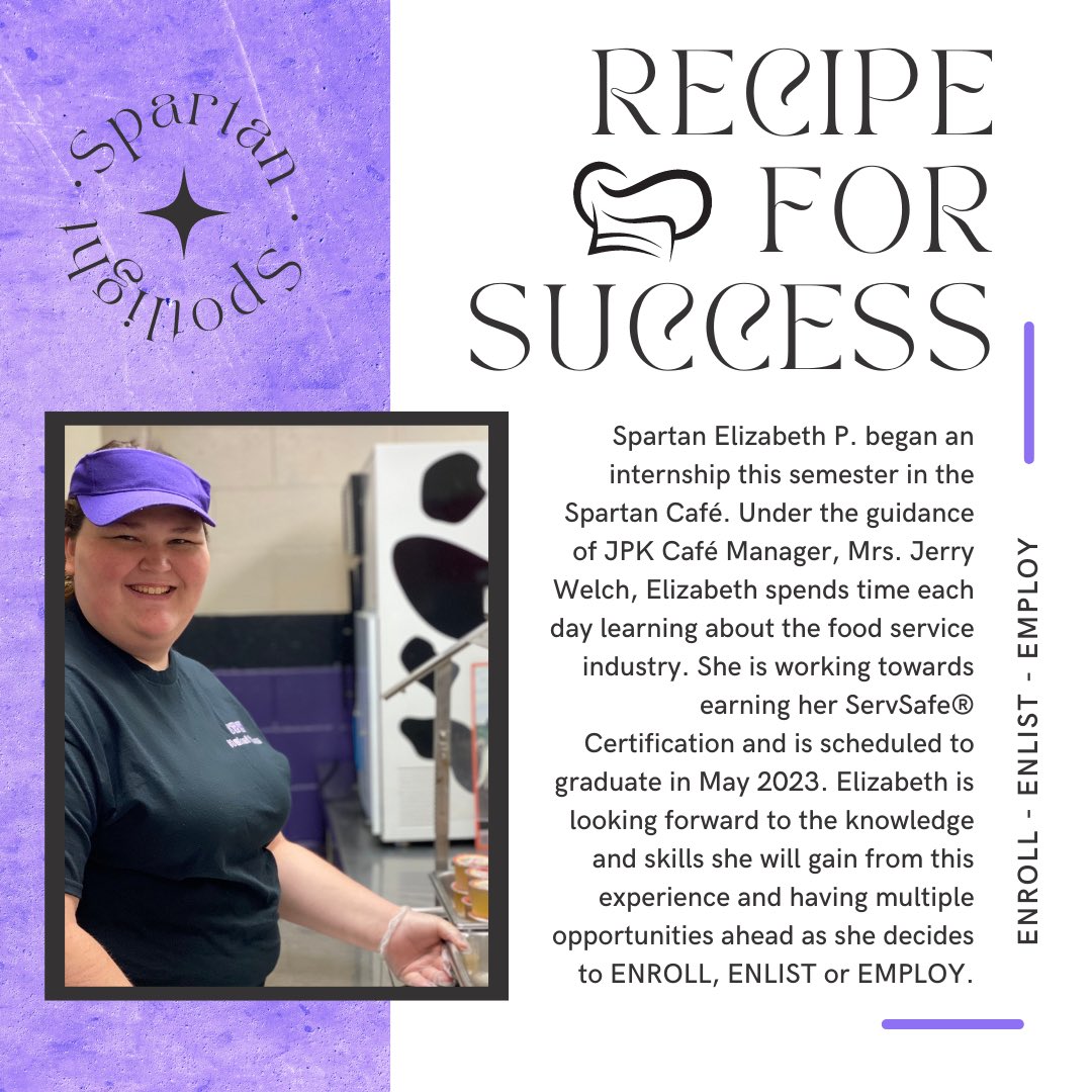 We are excited to spotlight Spartan Elizabeth P. &amp; celebrate her Recipe for Success! #jpkspartans #spartanfamily #jpkcte #enrollenlistemploy #currituckk12