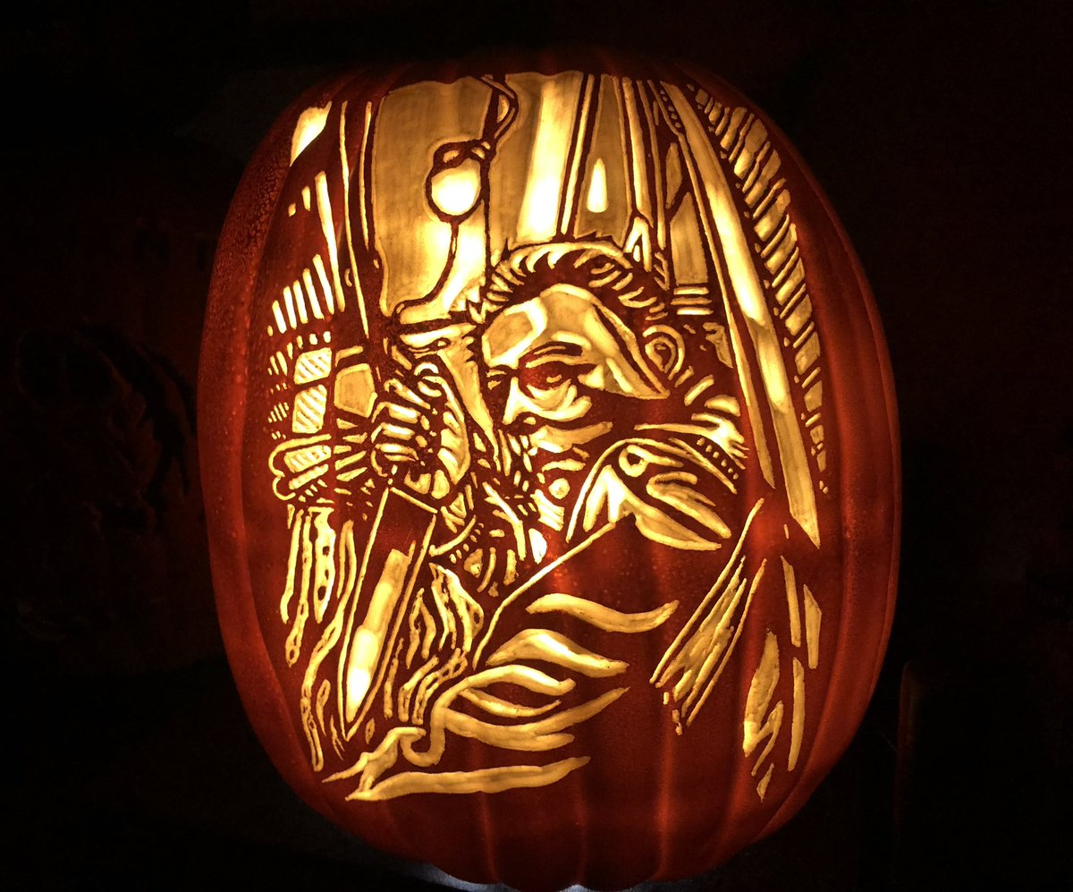 IanFetterman's tweet photo. He's gone! He's gone from here! The evil is gone! Michael is ready for his. new home. Original artwork by @jasonedmistonart . #halloween #michaelmyers #theshape #johncarpenter #jasonedmiston #jasonedmistonart #frightrags  #pumpkincarving #pumpkin #foampumpkin #ianspumpkincarvings https://t.co/rcXlc1sd8w
