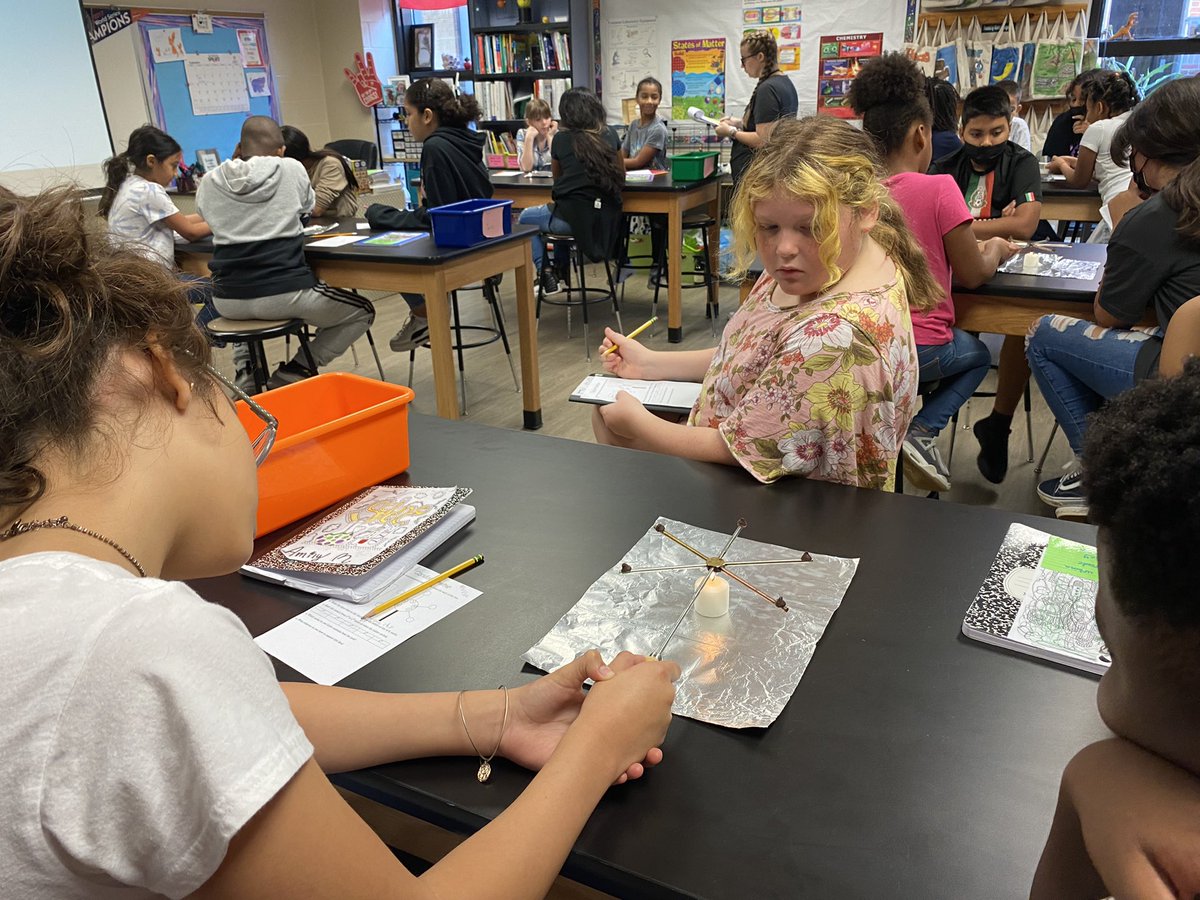 CrisFord23's tweet photo. Fire in the house!! These 5th grade pandas got to see thermal energy in action! The biggest take away was that they needed copper pots to cook their Ramen noodles! I guess that counts as a real world connection! #WPEScience @HumbleISD_WPE @Humble_Science https://t.co/asrIOUrFTu