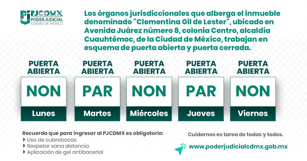 PJCDMX's tweet photo. #Importante

📍Así laborarán ÚNICAMENTE los órganos jurisdiccionales ubicados en Juárez 8. https://t.co/yi85SLQ9IR