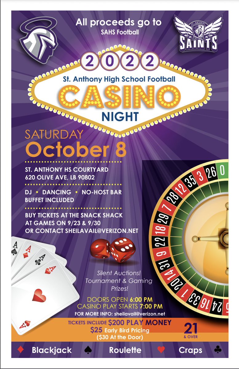Here is the DEAL! Join SAHS Football for Casino Night on October 8th in the Courtyard. Visit the snack shack at tonights football game to get your tickets! Come out and roll the dice! 💜 🎲