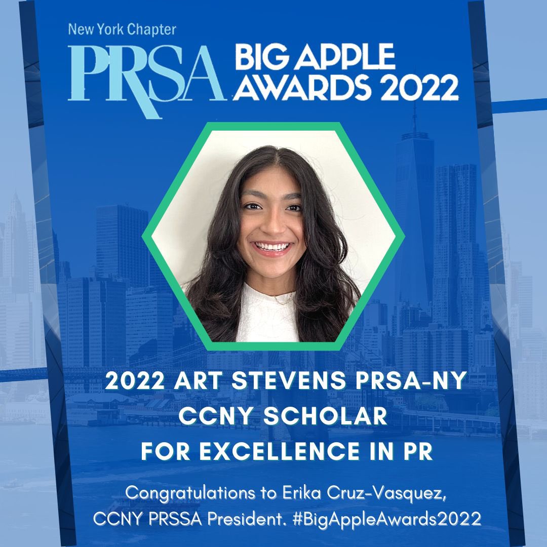 prsany's tweet photo. Congratulations to Erika Cruz-Vasquez, recipient of the Art Stevens PRSA-NY CCNY Scholar for Excellence in PR.

Thanks to Art Stevens and The Stevens Group for your commitment to supporting rising talent in the PR industry. 

Congrats Erika! #BigAppleAwards2022 https://t.co/GhTgx54lBJ
