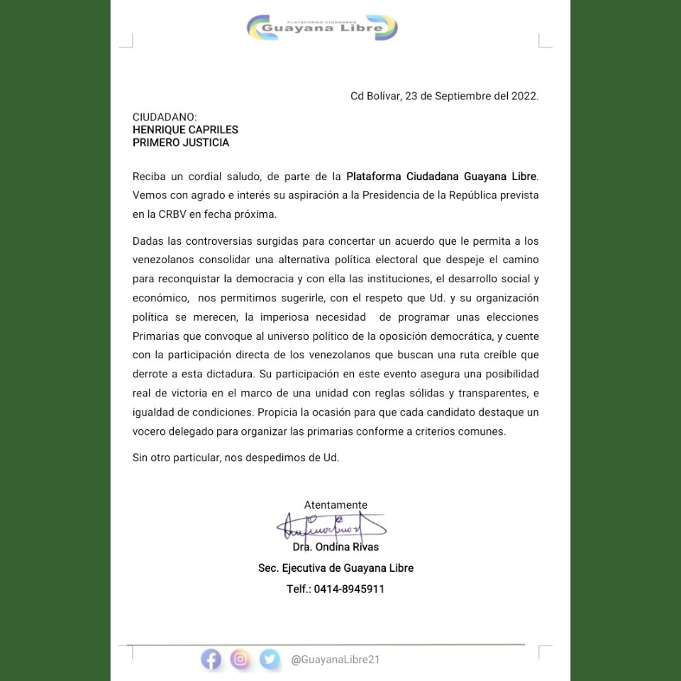 NoelRomeroL's tweet photo. #GuayanaLibreImpulsaPrimarias 
Novedosa propuesta política de @GuayanaLibre21 a los 17 candidatos. Esperamos que se pronuncien @hcapriles @AndresVelasqz @manuelrosalesg @aecarri @MariaCorinaYA @jguaido @HenriFalconLara @prospericarlos @delsasolorzano @NicmerEvans https://t.co/M4iI1o7m6L