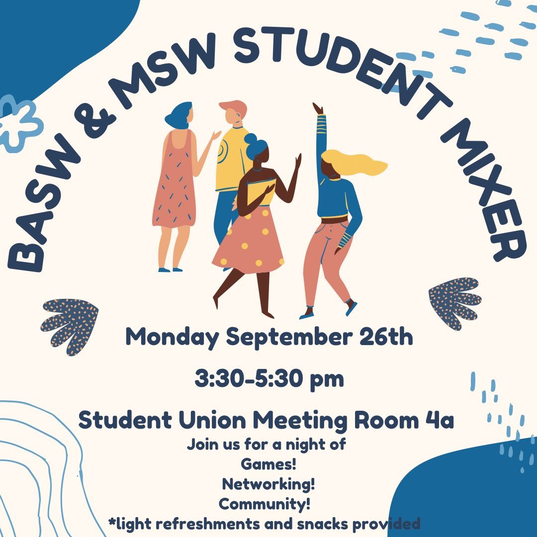 sjsuSWGSA's tweet photo. Hello MSW students! SWGSA cordially invites you to join us Monday for a BASW/MSW Mixer. This Monday, 9/26 at the Student Union @ 3:30 pm. Hope to see you there! https://t.co/CQJlPoMSQA