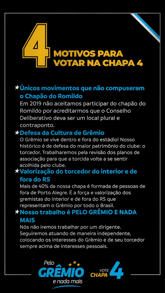 aquipelogremio's tweet photo. @Gremio 4 motivos para votar na CHAPA 4 

#PeloGremioeNadaMais https://t.co/OIpEfufsgK