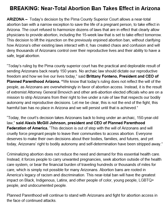 brahmresnik's tweet photo. PLANNED PARENTHOOD: “Today’s ruling has the practical and deplorable result of sending Arizonans back nearly 150 years. No archaic law should dictate our reproductive freedom and how we live our lives today." -Brittany Fonteno, President and CEO of Planned Parenthood Arizona. https://t.co/dlBzHvUAU4