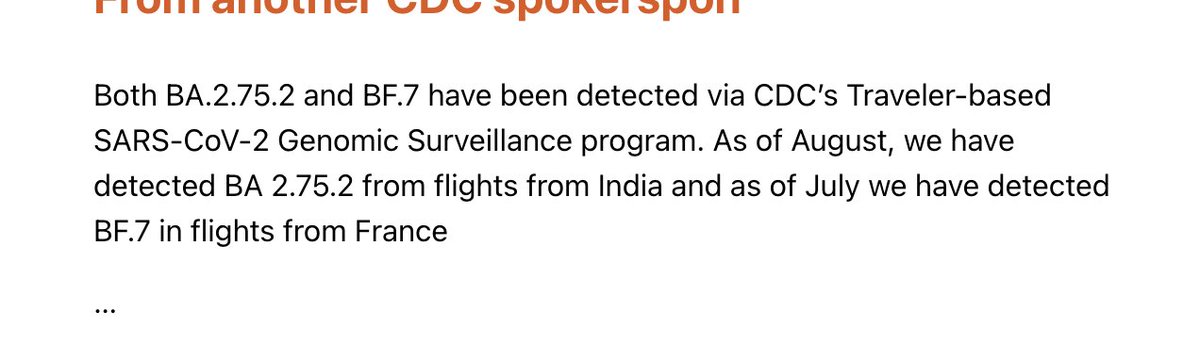 Alexander_Tin's tweet photo. The @CDCgov spokesperson also confirmed that the agency's variant surveillance with @Ginkgo/@XpresCheck also spotted

"BA 2.75.2 from flights from India"

"BF.7 in flights from France"

https://t.co/FCHCkilIMi https://t.co/7AXLIMSCwO