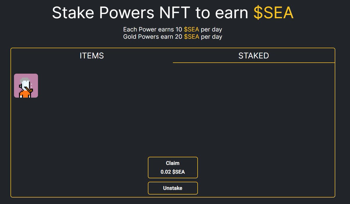 NFT staking is now live!

Each Power earns 10 $SEA per day
Gold Powers earn 20 $SEA per day

Mint here: powsea.finance
Stake here: powsea.finance/stake

 #CoinsGEM $SEA #ETHW #WAGMI #ETHW #EthereumPoW