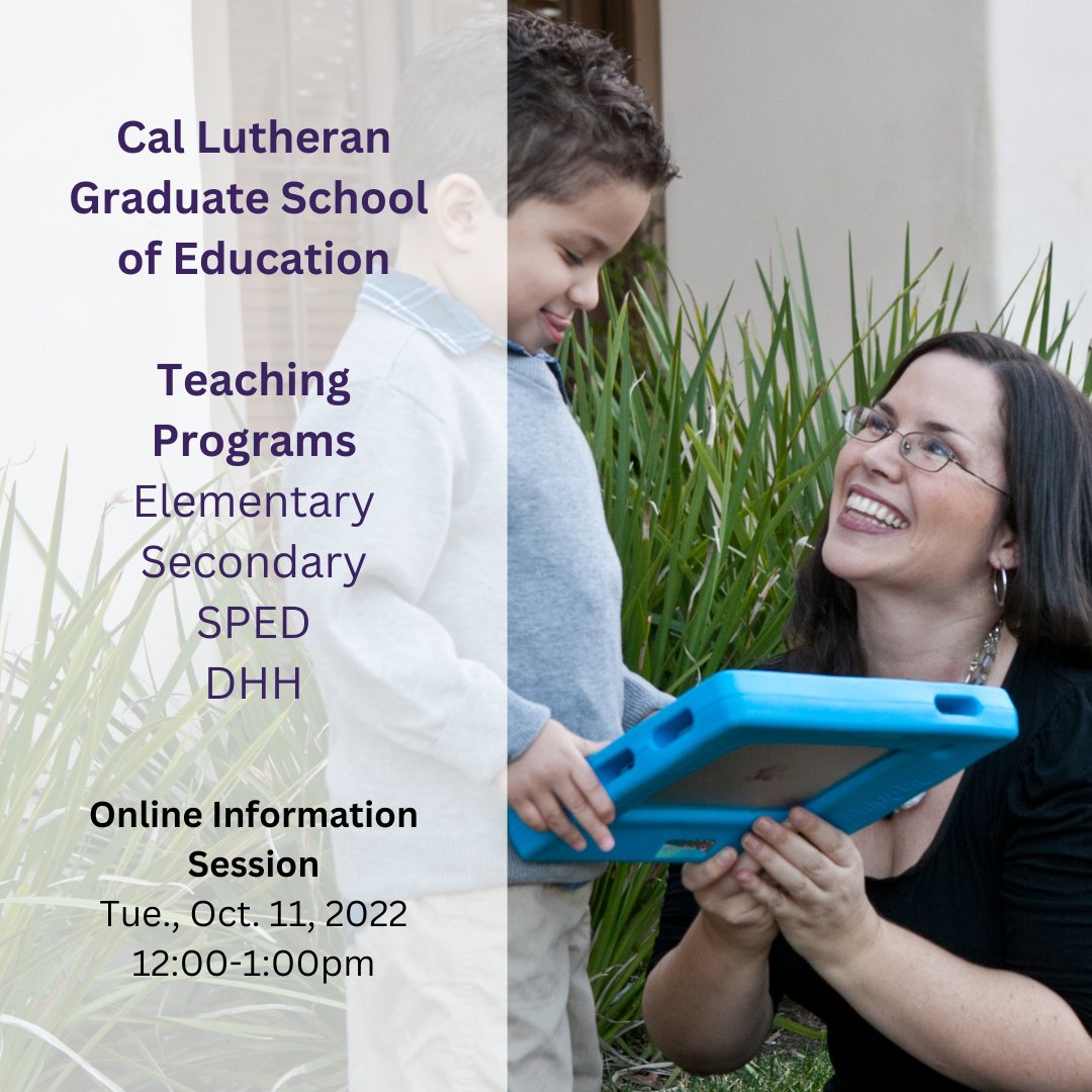 CLU_GSOE's tweet photo. TEACHING PROGRAMS INFO SESSION | TUE., OCT. 11 | 12:00-1:00 PM https://t.co/jKtSr1ZT7i
#callutheran #clualumni #cluteach #dhh #spedteacher #educationalleadership #highered #teach #university https://t.co/MS67InVXc3