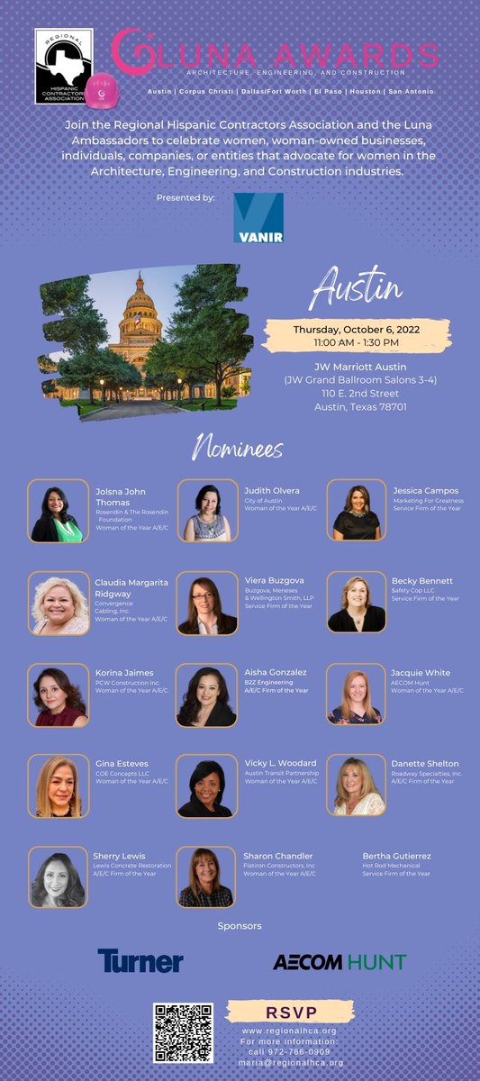 DFWRHCA's tweet photo. https://t.co/zphMGVdtmU
#Austin🌙 October 6th!
Join us to celebrate women’s achievements in the Architecture, Engineering, and Construction industries!
Presented by @VanirCM, sponsored by @turner_talk and @AECOMHunt
#IAMLUNA #LunaAwards #Construction #Contractors https://t.co/MUXcgBU4Yh
