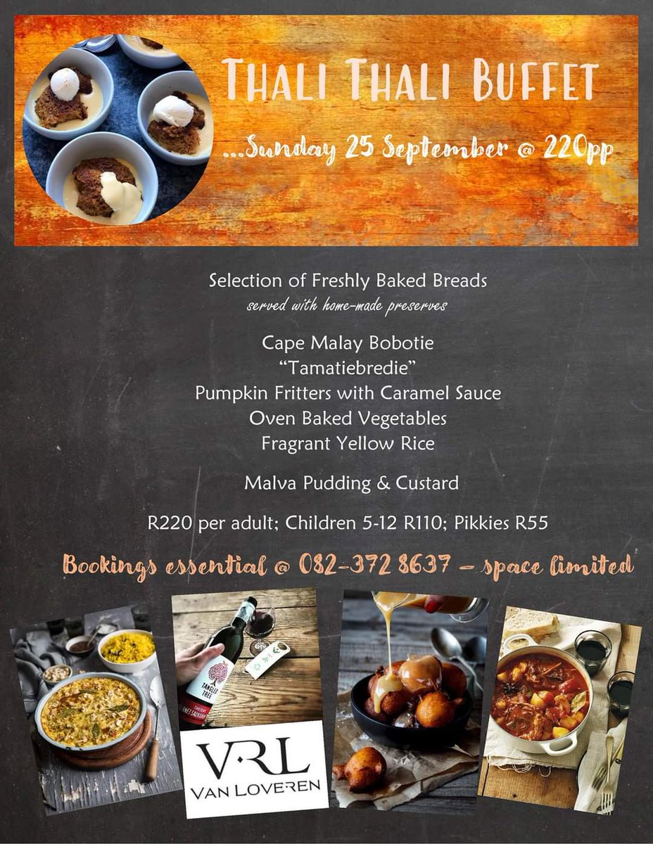 Our Heritage Sunday Buffet. Come and enjoy traditional food - done just right! Get a free glass of Van Loveren wine. On the house! Phone now to book your place at the feast. 082-372 8637. #heritageday #heritageweekend #traditionalfood #farmfood #familyouting #vanloveren