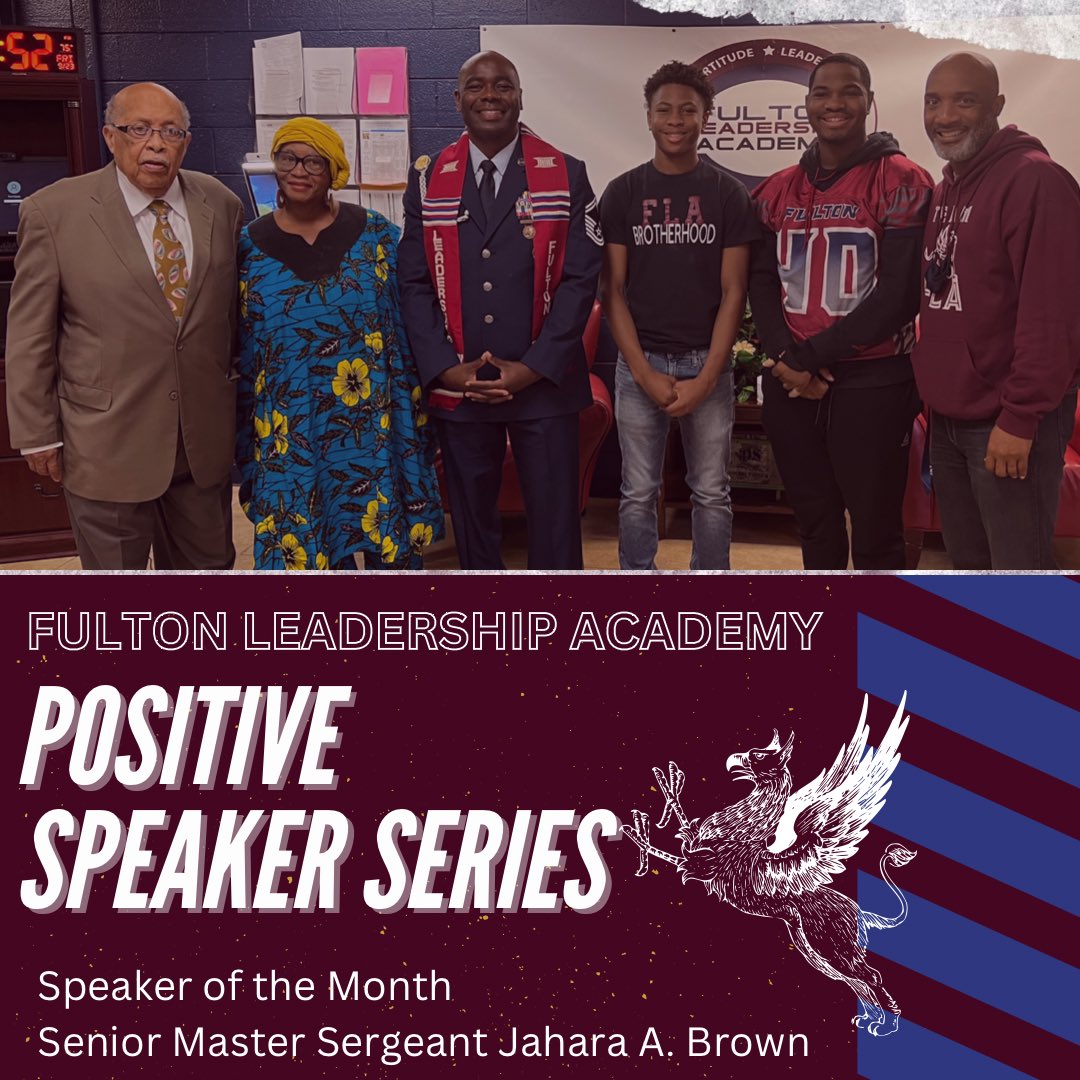 FLA_Gryphons's tweet photo. Senior Master Seargent Jahara A. Brown visited the Fulton Leadership Scholars and Faculty to share life's wisdom. #gacharter #edutwitter #charterschool #publiccharters #positivespeakers #Airforce https://t.co/9oAzJXYHBS
