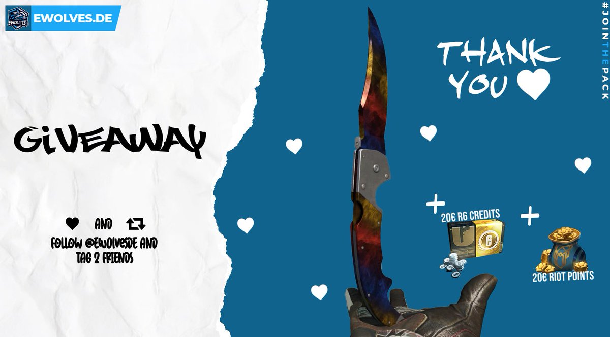 Als Dank für die 600 Follower gibt es ein dickes Giveaway 🔥

Wir verlosen:
⭕️ Falchion Messer Marble Fade [FN]
⭕️20€ R6 Credits 
⭕️ 20€ Riot Points 

Ihr müsst:
✅ Liken &amp; Retweeten
✅ 2 Freunde markieren
✅ <a href="/eWolvesDE/">eWolves</a> folgen

Auslosung am 10.10.🐺GL💙

#giveaway #csgo #knife