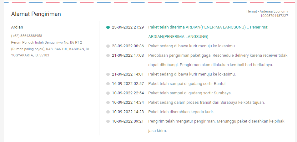 Ard2075's tweet photo. @anteraja_id Hallo @anteraja_id 
Saya mau mengeluhkan.
Pesanan saya dengan resi 10005704487227, saya pesan dari tanggal 9 hingga saat ini belum di terima.
Status terakhir semalam sudah saya terima padahal ga ada kurir 1 pun 1 minggu ini datang.
Tolong profesionalitasnya.
Data kurirnya aj gada https://t.co/XgmR763aQB