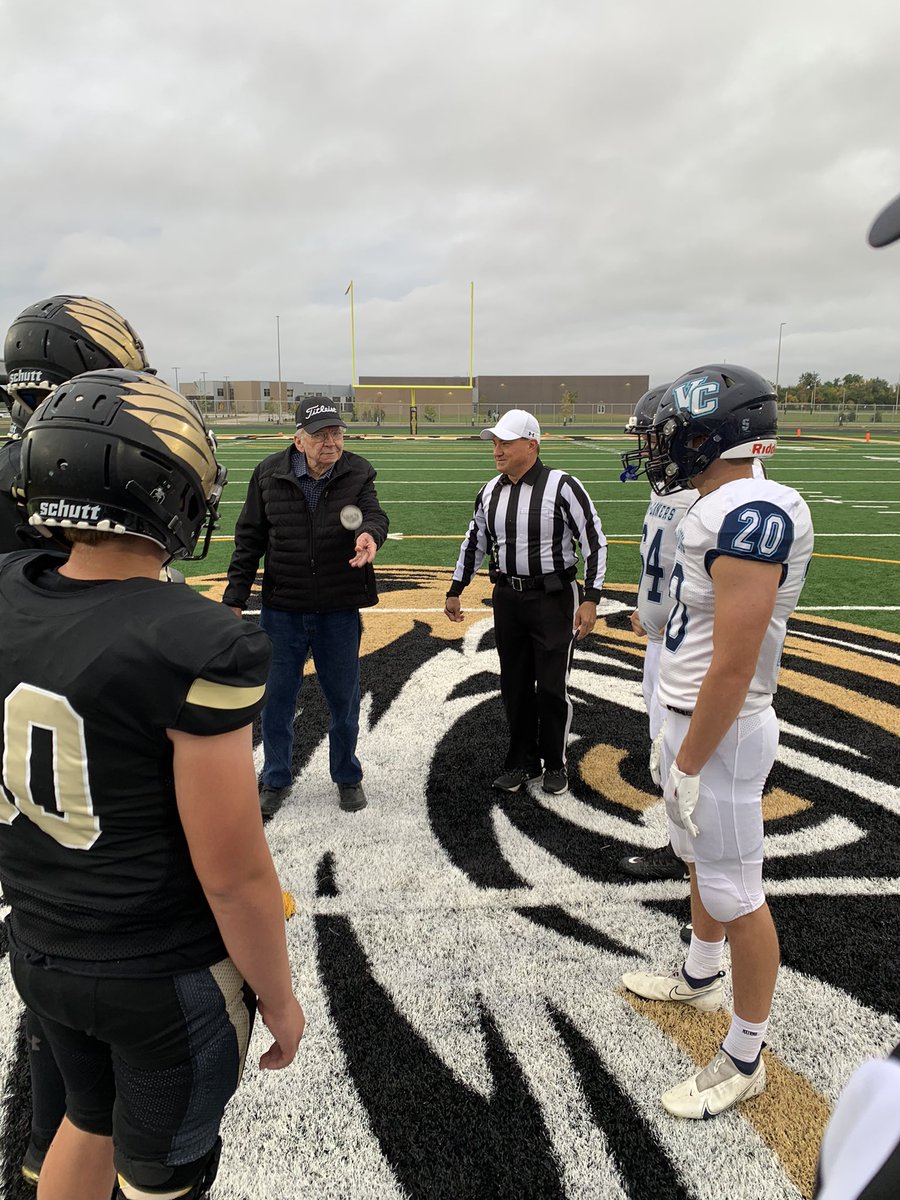 HoraceHawksAD's tweet image. Thank you to Harvey Bracken 1954 graduate of the original Horace High School for being our special guest and doing the coin toss for the Hawks first ever Homecoming!  #HawkWeek #SoarHawks