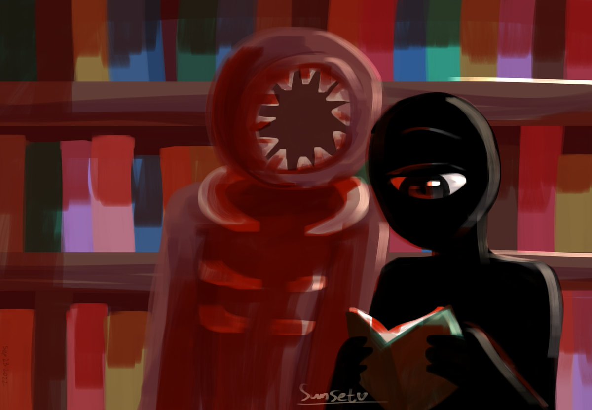 Sunset77777770's tweet photo. #audiobookweek2022 #robloxdoors #doorsroblox #doorsfanart
Day 6: Library
Seek reads a bedtime story to Figure in the library.
We’re almost done with this week :0 https://t.co/u9nWMnrZLz