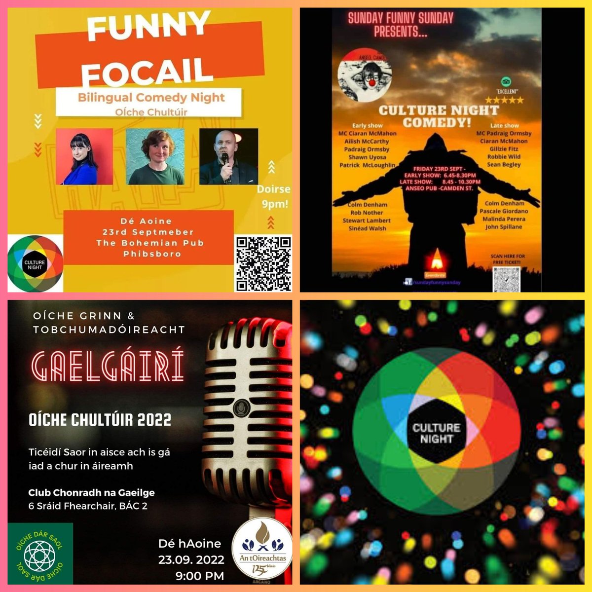 Just in the door after a great night of culture across 3 different venues. Huge thanks 2 @dianeocomedy @ #funnyfocail, @OrmsbyPadraig, Ciaran @ #SunFunnySun & @hughcarrhere @Louelylady @GaelGAIRI . An bhuíoch a bheith roghnaithe. #culturenight #culturenight2022 @CultureNightDub