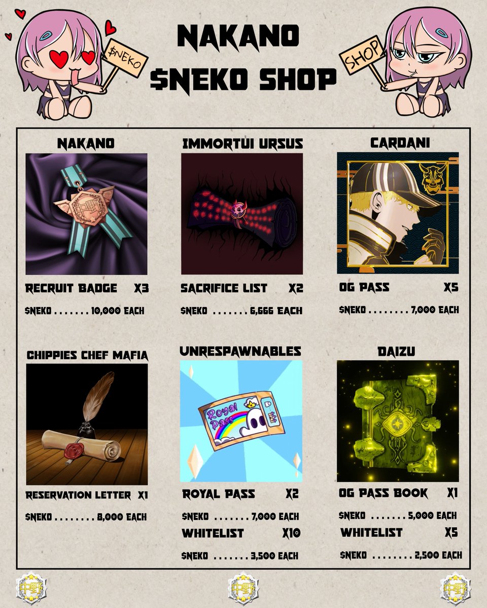 📢
We're excited to have the very first products in our $NEKO shop! 

Huge Thanks to
<a href="/ImmortuiUrsus/">IMMORTUI URSUS</a> 
@CardaniCNFT 
<a href="/ChippiesCNFT/">Chippies Chef Mafia NFT</a> 
<a href="/UnresCNFT/">Unrespawnables</a> 
@DaizuCNFT 
for contributing to the shop!
Check them out ♥️

Join Disc &amp; turn your Activity>$NEKO🐱>ADA

MUCH MORE TO COME🫡
#Nakano #CNFT