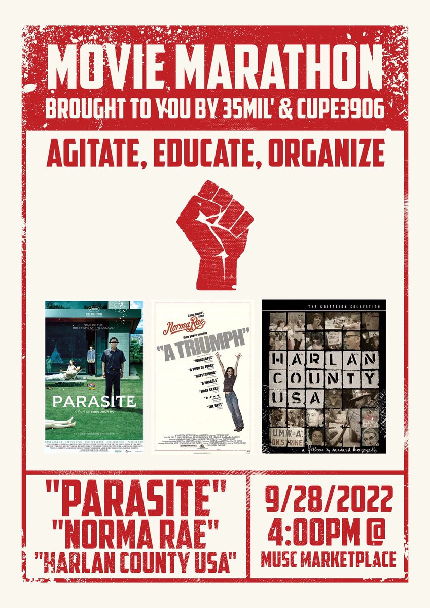 Next Wednesday, we’re joining forces with 35Mil’ to host a labour-themed movie marathon in the MUSC marketplace. The action starts at 4pm. Hope to see you there!

#bettermac