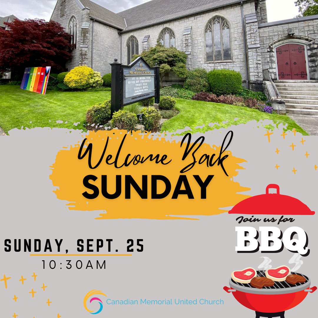 cdnmemorial's tweet photo. Welcome Back Sunday! Join us for BBQ after church on September 25. A time to enjoy each other's company, hang out with us!
🖌🖍We have face painting, chalks &amp; bubble machine for children
🟠 Reconciliation Seekers will be selling orange shirts

#cmuc #welcomebacksunday #bbq https://t.co/C8wZxyJdfh