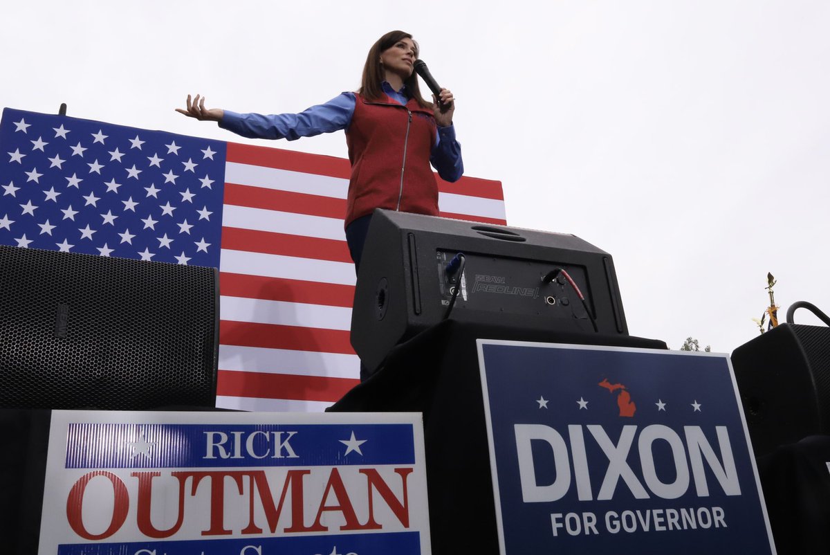 TrevierG's tweet photo. In her second rally today, @TudorDixon’s campaign received a boost from @DonaldJTrumpJr as the two criticized @gretchenwhitmer. Dixon laid into the gov’s Covid response, saying students’ education been impacted, also saying the state’s infrastructure has been neglected, etc. https://t.co/xqPVHMKuXx