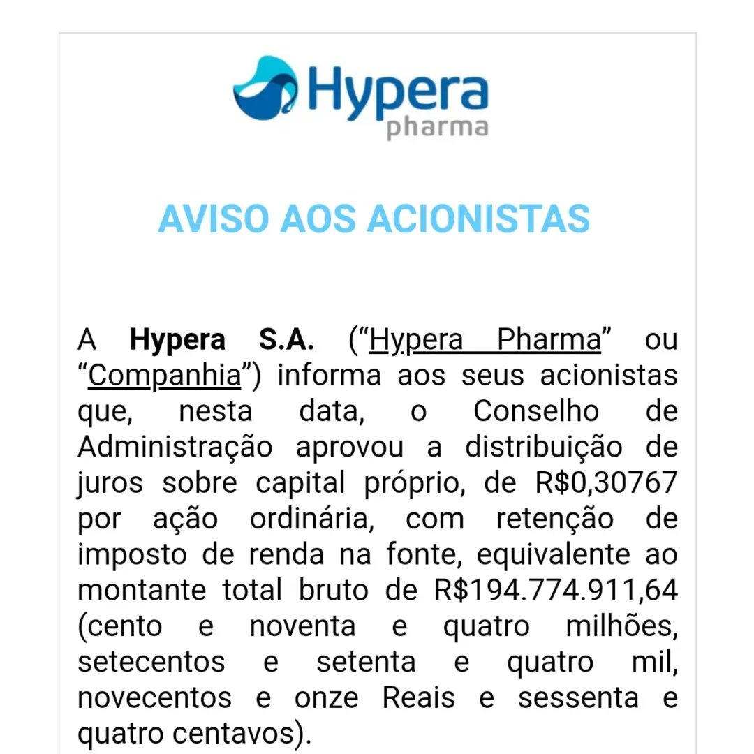 QDividendos's tweet photo. Hypera Pharma anuncia pagamento de JCP!!!
#Queroganhardividendos #Hyperapharma⅕ #farmácia #HYPE3 #JCP https://t.co/9Srzqvqoz9