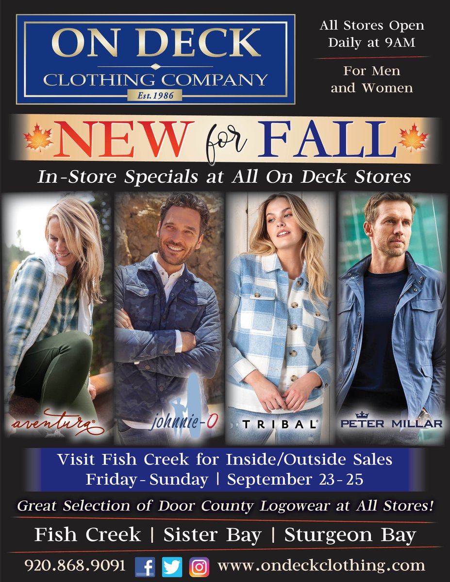 ondeckclothing's tweet photo. Fall has arrived and plenty of outdoor activities lie ahead, like Inside-Outside Sales in Fish Creek this weekend! It's a great time to add a few warmer items to your wardrobe and save at all three On Deck locations.
#insideoutsale #saleweekend #fishcreekwi https://t.co/CqvJxZm2CK