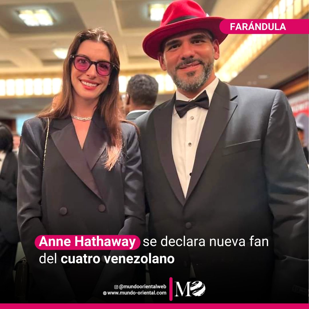 "¿Cómo se llama ese instrumento? Es de lo más bonito que he escuchado en mi vida", preguntó Anne Hathaway al músico venezolano Jorge Glem, durante un encuentro en Nueva York, a lo que este respondió que era un cuatro venezolano.