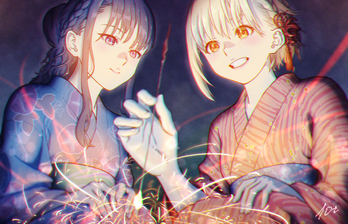inoue takina ,nishikigi chisato multiple girls 2girls japanese clothes kimono fireworks sparkler smile  illustration images