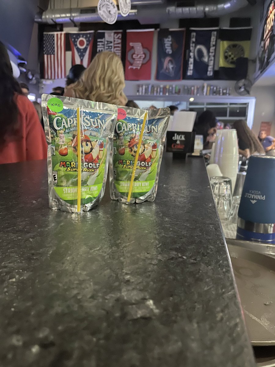 LeosOSU's tweet photo. THEY’RE BACK! At long last, we’ve got Capri Funs back. Spiked with vodka, they pair very well with a $3 @RealLunchables for that grade school lunch experience! #leoslove #getchitty https://t.co/ywaVNs4d6U